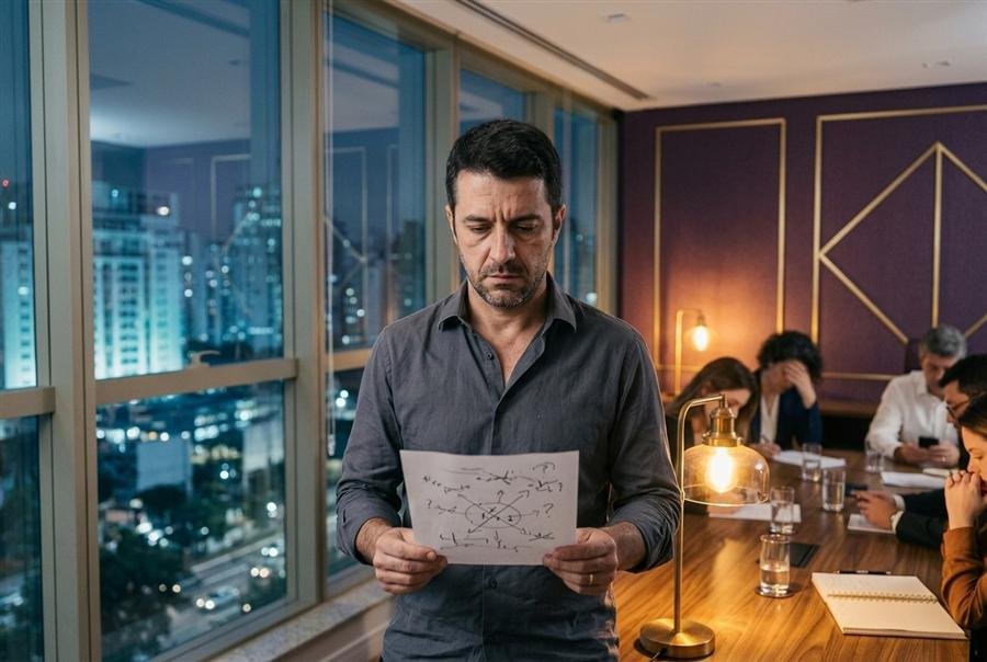 Gestor sobrecarregado analisando um papel confuso enquanto a equipe está desengajada ao fundo