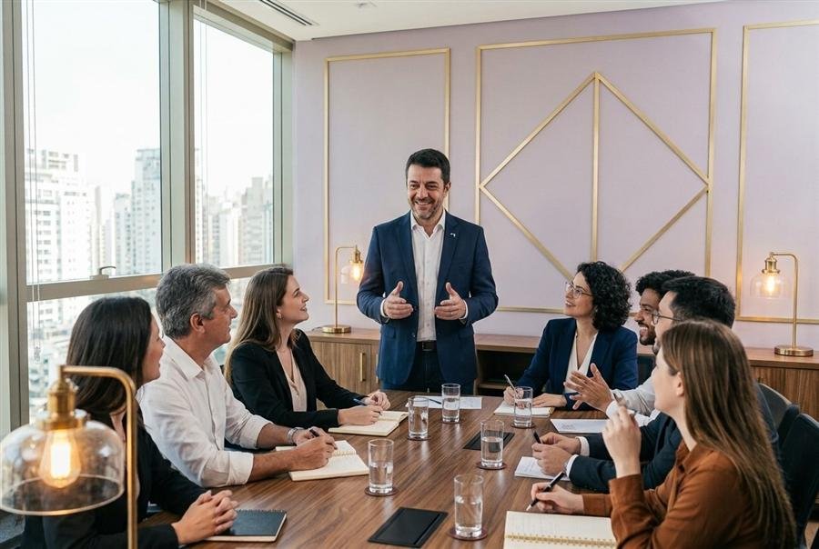Líder sorrindo e conduzindo uma reunião com a equipe engajada após o curso de liderança