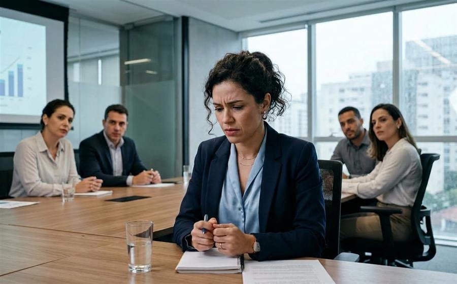 Profissional insegura ao falar em público numa reunião, antes do curso de oratória