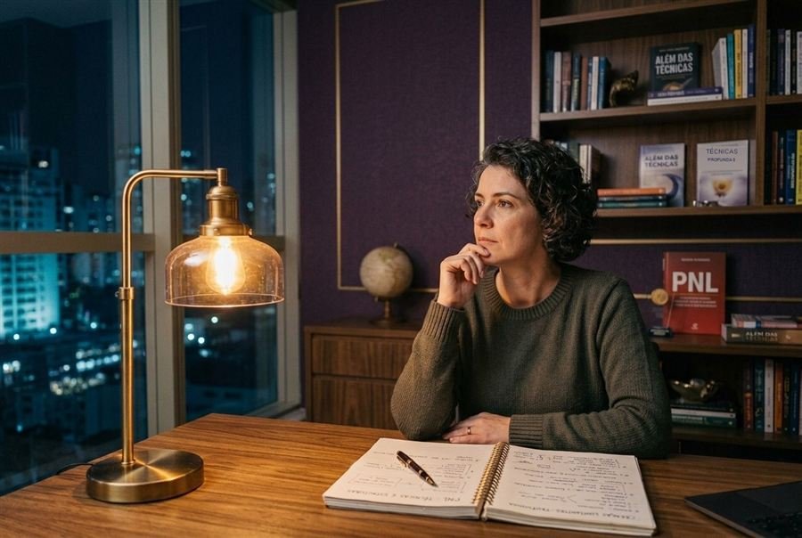 Practitioner pensativa estudando PNL à noite, buscando aprofundar a mudança de crenças e de identidade