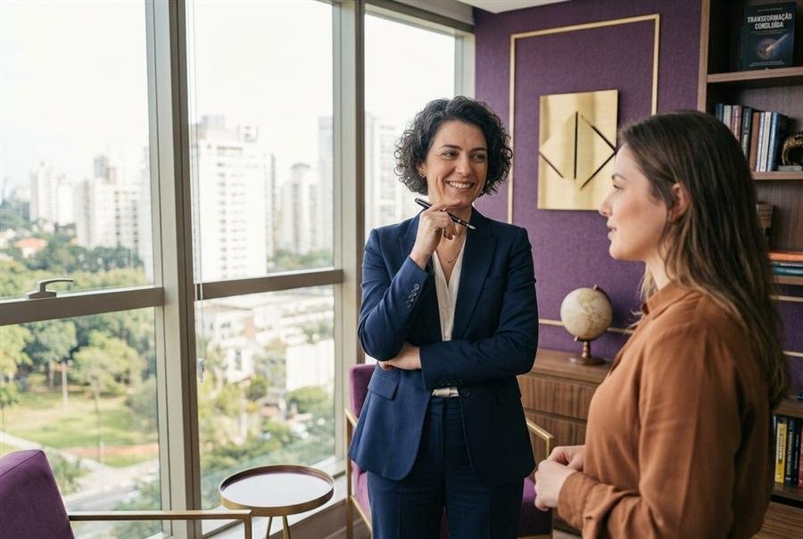 Profissional sorrindo com confiança ao conduzir uma conversa de desenvolvimento após o Master Practitioner em PNL