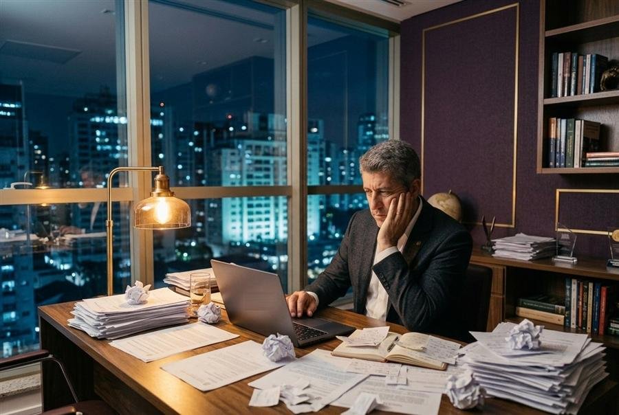 Empresário sozinho em seu escritório à noite, pensativo diante de documentos e do notebook