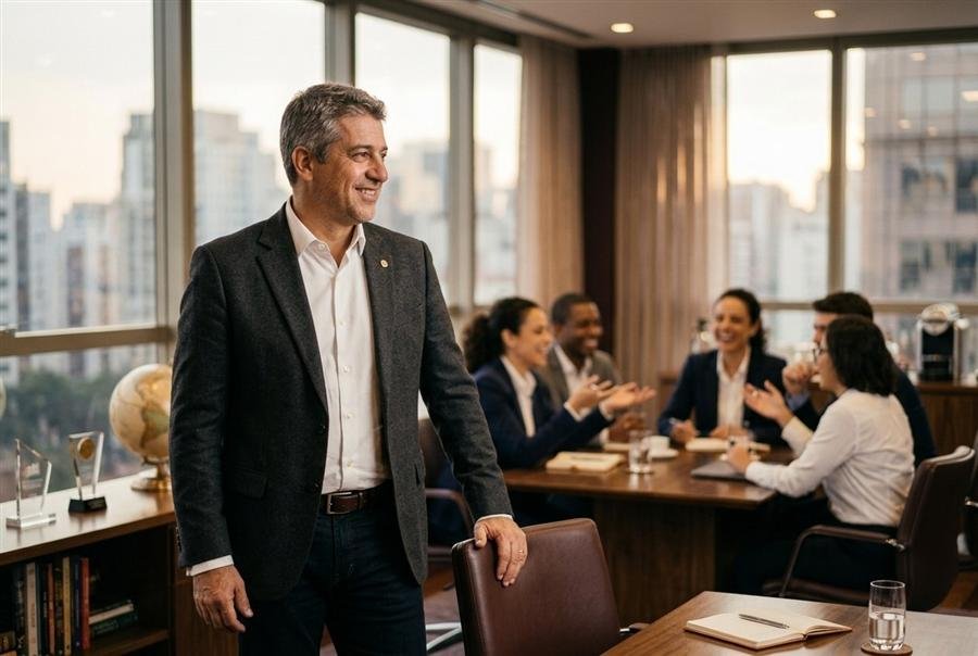 Líder confiante em seu escritório, com a equipe ao fundo, após a mentoria individual com PNL